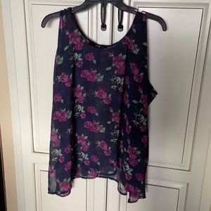 Sheer Floral Navy Blue with Purple Flowers Top Size L